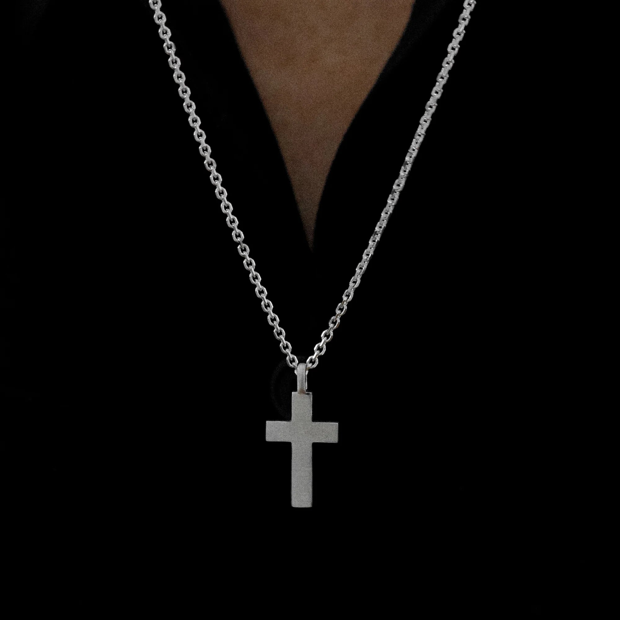 Brushed Cross Pendant Cable Chain Sterling Silver