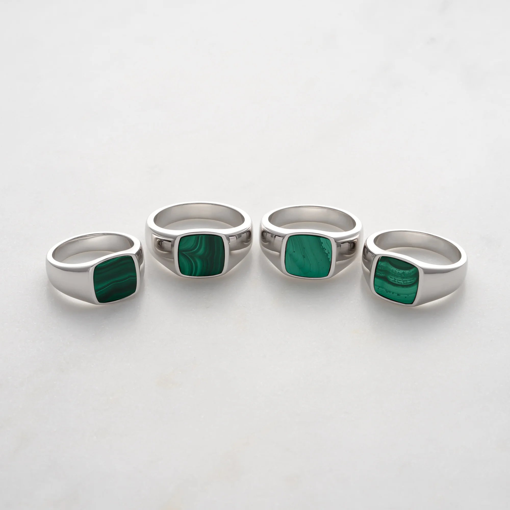 Collection of Square Malachite Signet Rings in Sterling Silver