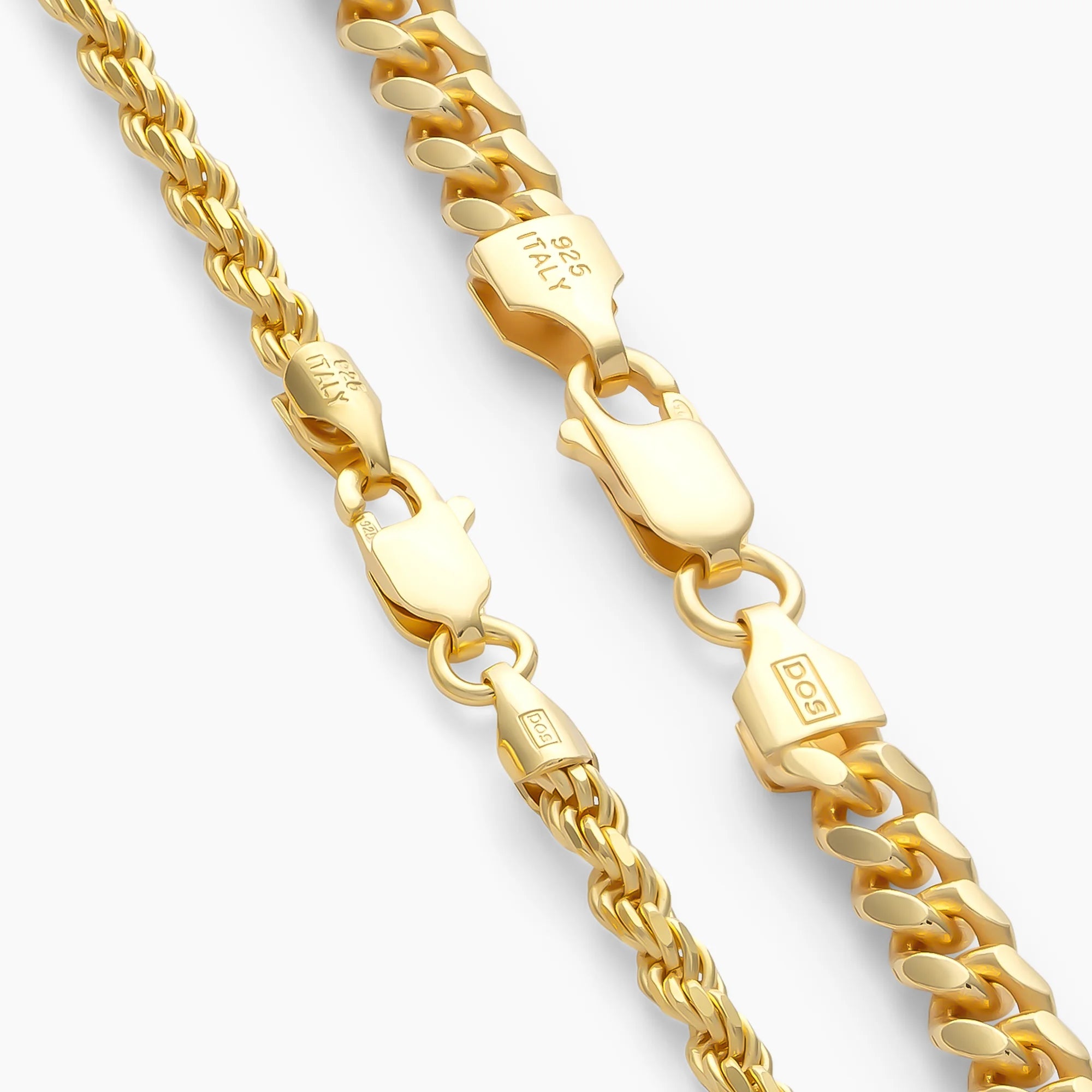 Clasps on the Cuban + Rope Chain stack in 18k Gold Vermeil