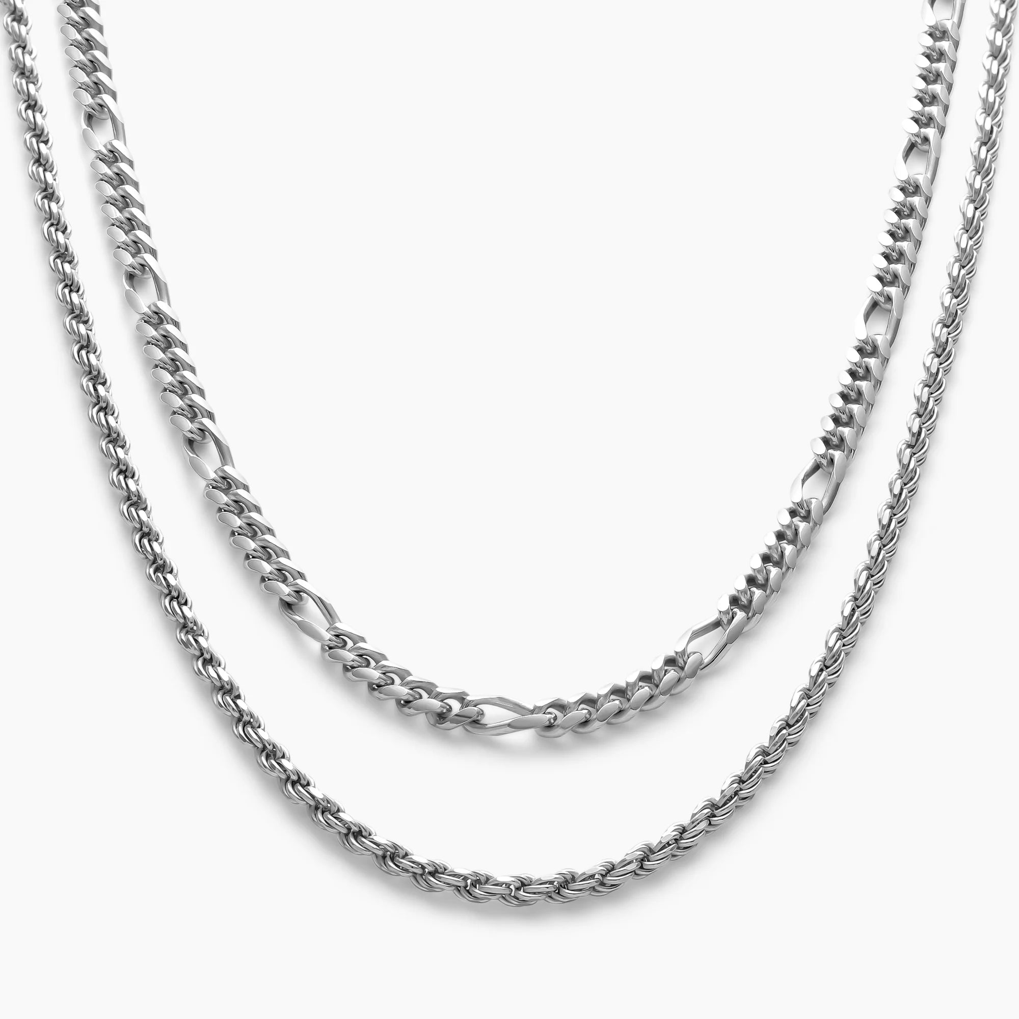 Figaro Rope Chain Stack Men's Sterling Silver Chain Stack