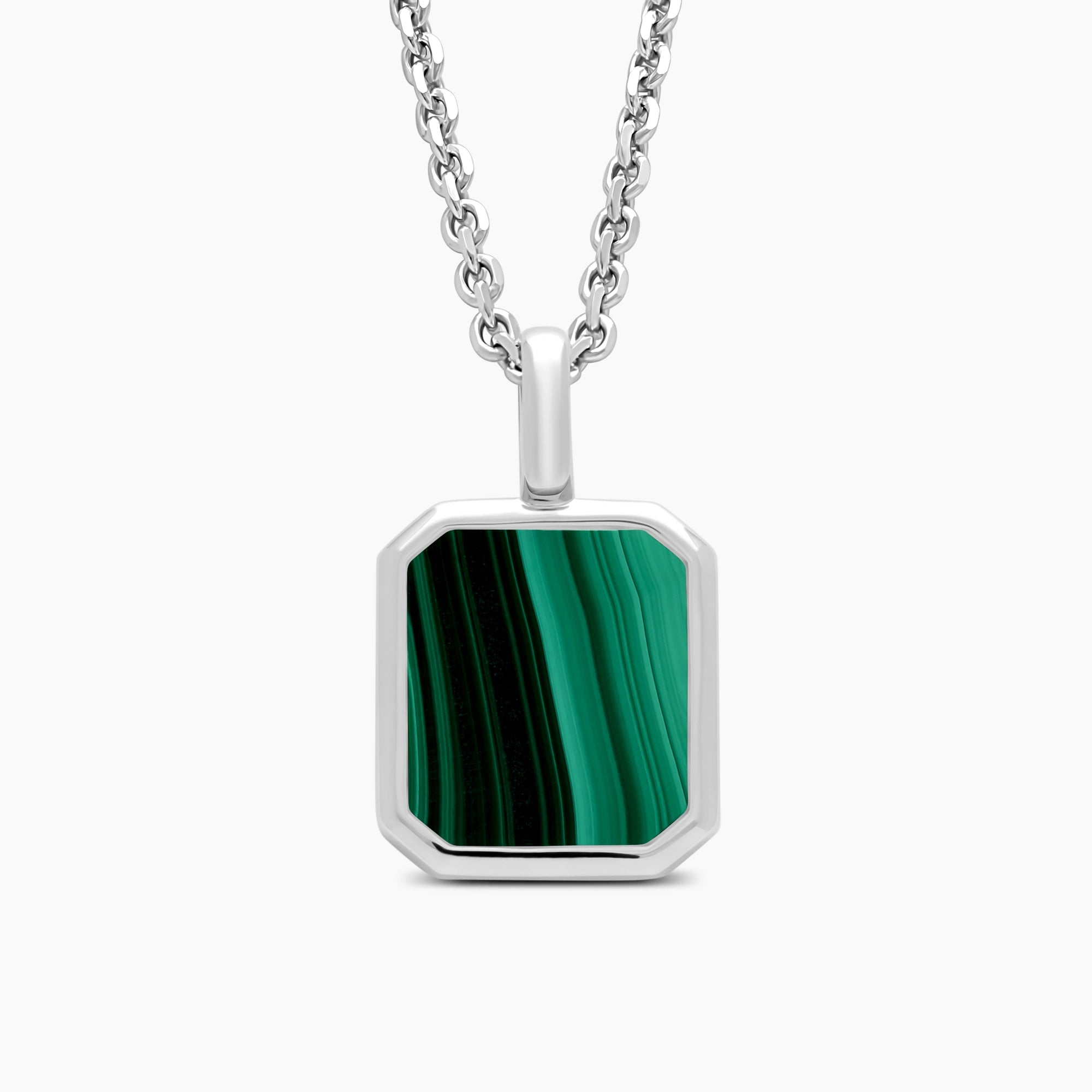 Malachite Pendant with 2mm Cable Chain in 925 Sterling Silver