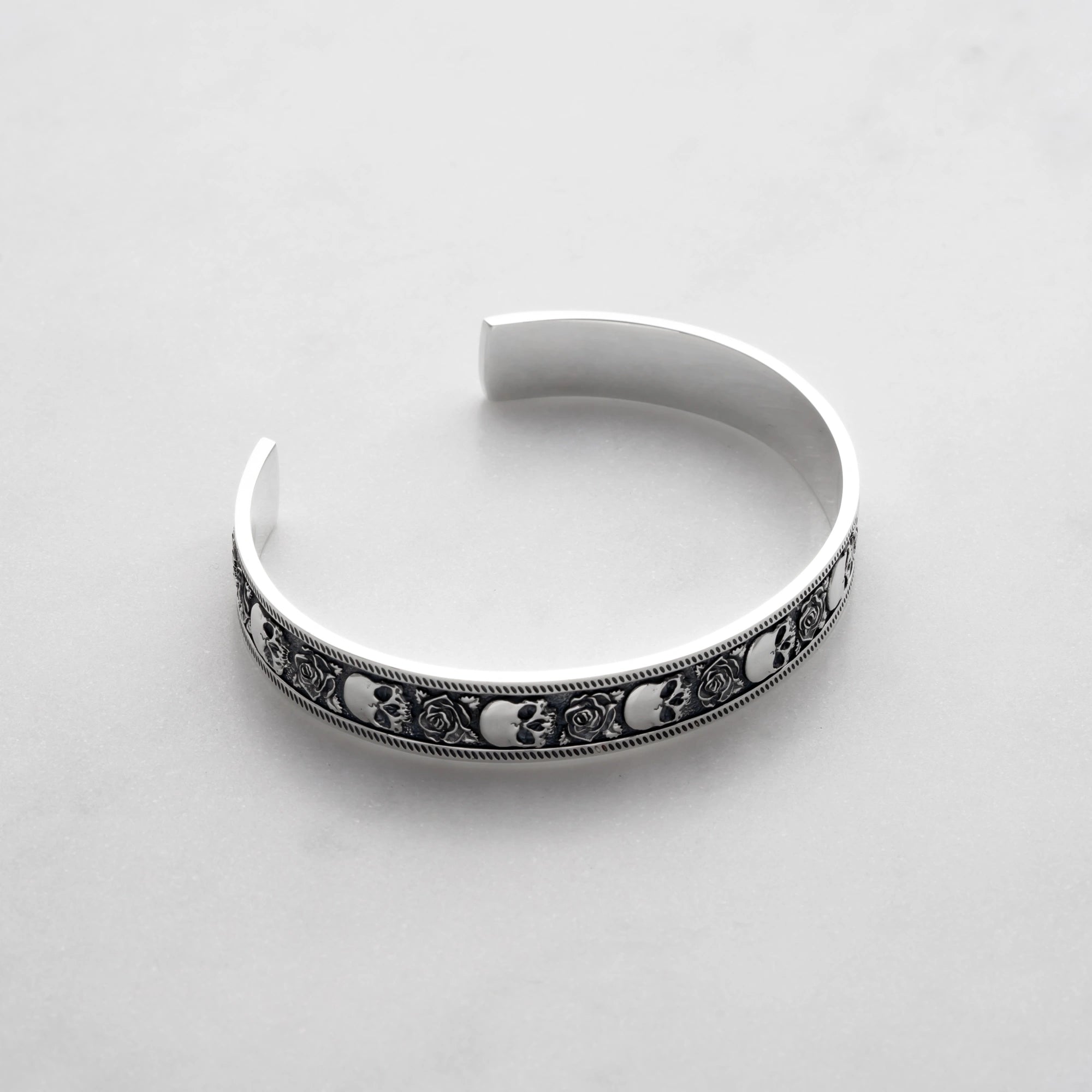 Skull Rose Cuff Bracelet Sterling Silver - Side